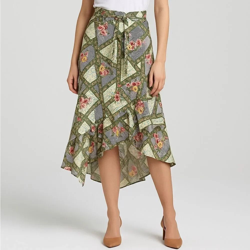 Revolve Playa Lucila Cotton Multi Floral Patchwork Printed Ruffle Hem Skirt